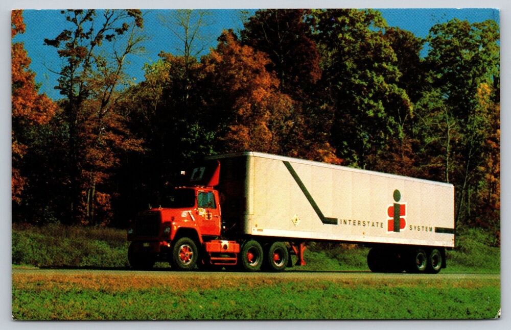 Vintage Interstate System Trucking Postcard Red Semi Truck Fall Foliage Scenic